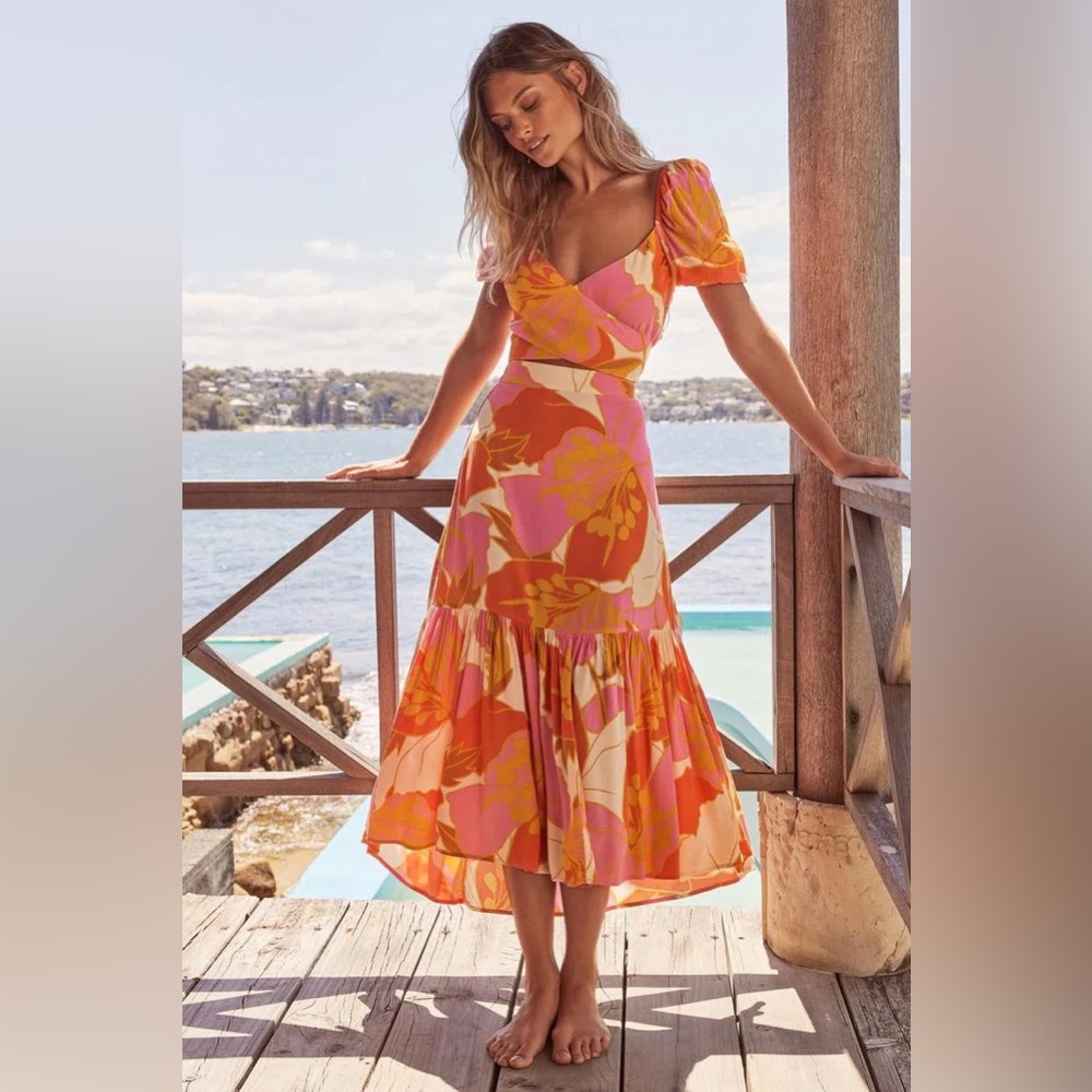 Women’s Floral Midi Skirt in Orange-Pink